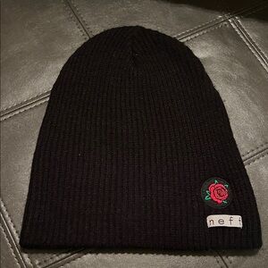 Neff Black Beanie with Red Rose Embroidery